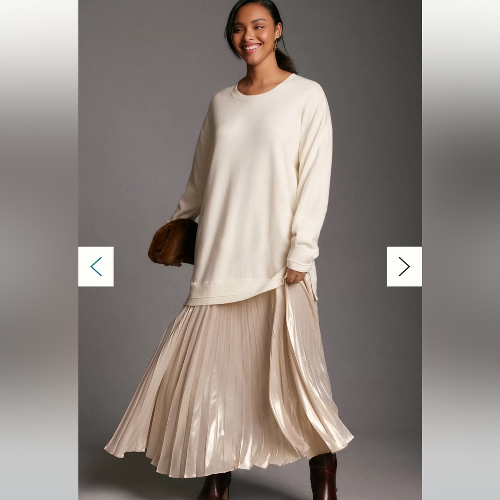 Anthropologie Cream Knit Top with metallic Pleated Maxi Skirt